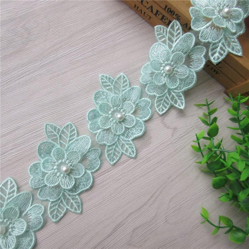 SHBBON 2 Yards 3D Flower Lace Trim Pearl Embroidered Polyester Lace Ribbon Fabric Applique Patchwork for Wedding Dress Handmade DIY Sewing Craft Supplies Decoration (Green) - Image 3
